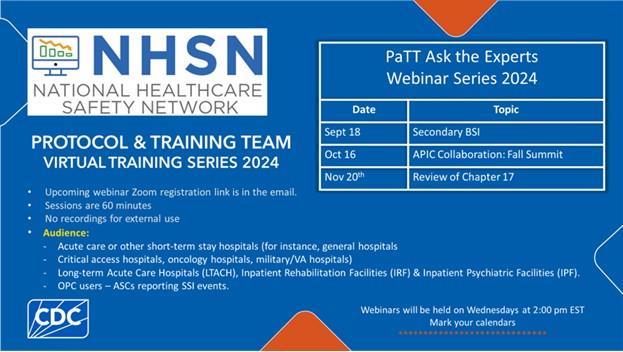 NHSN Protocol and Training Team (PaTT) Upcoming Topics and Dates